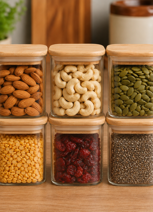 Crackle Airtight Square Glass Spice Jar with Bamboo Lid – 280ml | Moisture-Proof, Stackable
