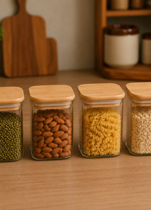 Crackle Airtight Square Glass Spice Jar with Bamboo Lid – 280ml | Moisture-Proof, Stackable