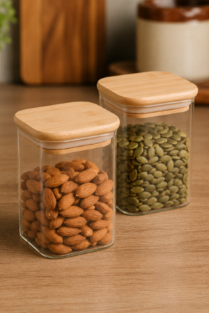 Crackle Airtight Square Glass Spice Jar with Bamboo Lid – 280ml | Moisture-Proof, Stackable