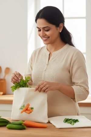 100% Cotton Reusable Vegetable Bags for Fridge | Eco-friendly Storage Bags for Kitchen Organizer | 10 Pcs | Washable Breathable Zipper Cloth Bags for Vegetables