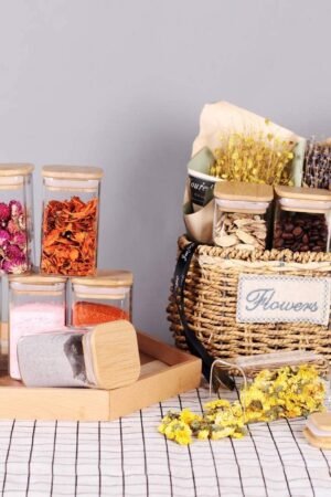 Crackle Airtight Square Glass Spice Jar with Bamboo Lid – 280ml | Moisture-Proof, Stackable