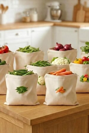 100% Cotton Reusable Vegetable Bags for Fridge | Eco-friendly Storage Bags for Kitchen Organizer | 10 Pcs | Washable Breathable Zipper Cloth Bags for Vegetables