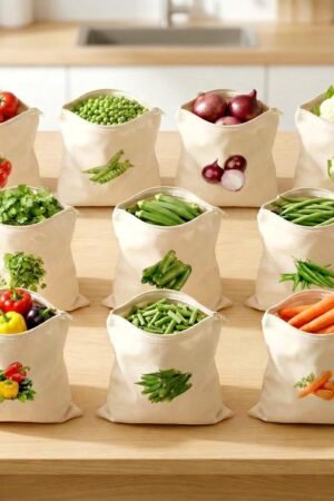 100% Cotton Reusable Vegetable Bags for Fridge | Eco-friendly Storage Bags for Kitchen Organizer | 10 Pcs | Washable Breathable Zipper Cloth Bags for Vegetables