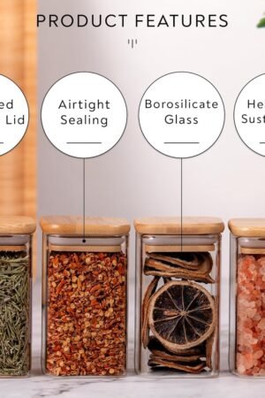 Crackle Airtight Square Glass Spice Jar with Bamboo Lid – 280ml | Moisture-Proof, Stackable